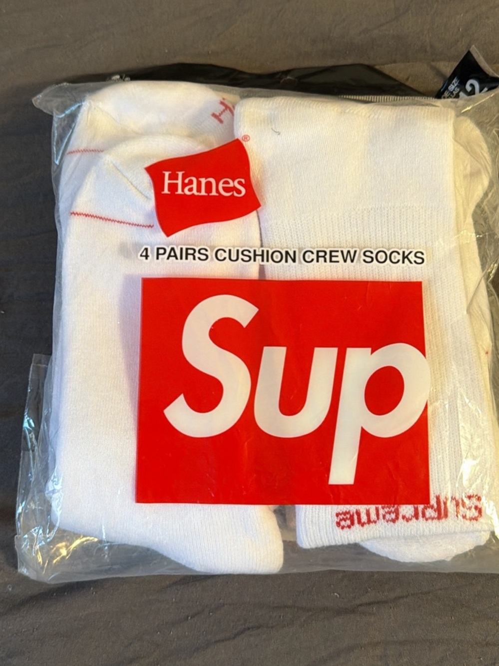 Hanes White Cushion Crew Socks with Red Logo - 4 Pack